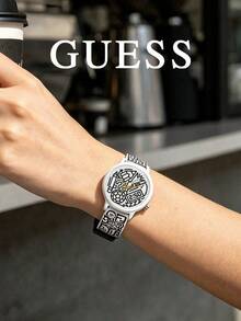 GUESS Men's Black Silicone Strap Quartz Watch, Round Graffiti Print Dial Sports Casual Wristwatch, Minimalist Fashion Daily Timepiece - White - View 2