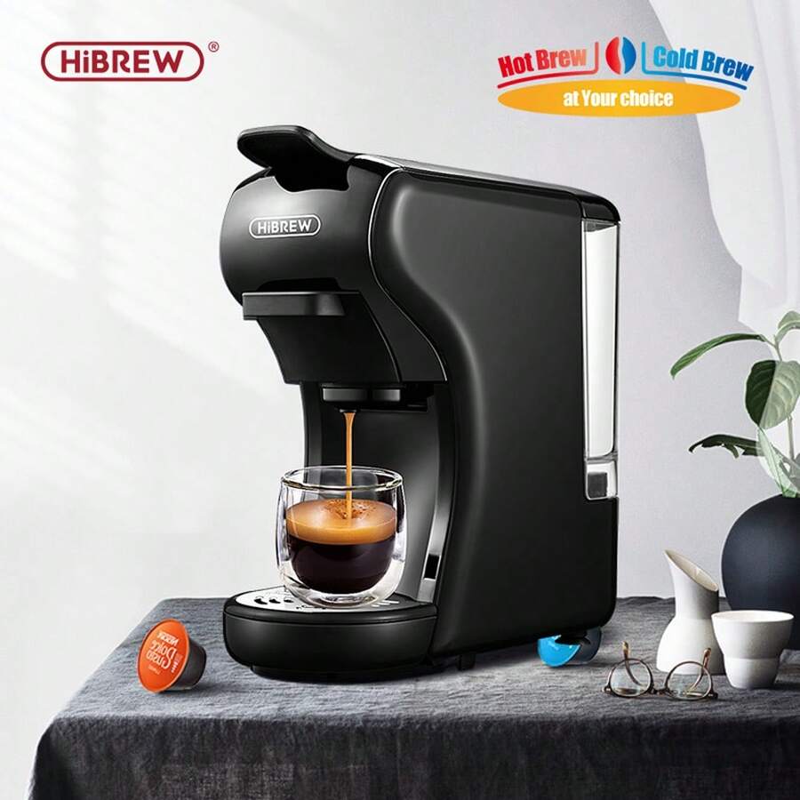 HiBREW آلة قهوة كبسولات H1A 4 في 1، متوافقة مع الكبسولات الكبيرة والصغيرة، القهوة المطحونة، أوضاع التحضير الساخن والبارد، خزان مياه قابل للفصل بسعة 600 مل لتقليل عدد مرات إعادة التعبئة، خيارات حجم كوب مزدوج 70 مل/110 مل