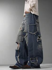 Modcrash Japanese Street Art Spliced Men Jeans, Retro Ripped Wide Leg Pants, Loose Casual All Season Wear (No Belt & Accessories) Fall/Autumn/Winter - Blue - View 10