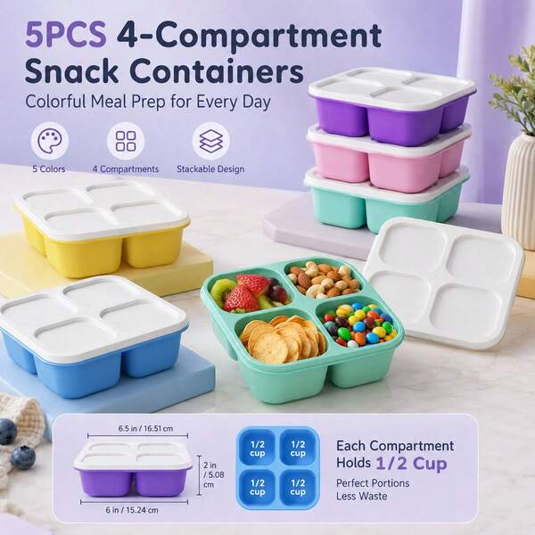 5pcs Durable 4-Compartment Bento Boxes, Leak-Proof Sealed Meal Prep Containers, Easy To Clean Camping Hiking Lunch Boxes, Stackable Food Storage Containers With Airtight Lids, Divided Bento Boxes, Suitable For Healthy Meal Prep And Office