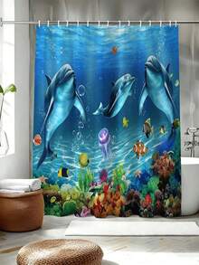 1件海洋海豚浴室簾 - 適合浴室裝飾，易於清潔，精緻家居裝飾，浴室隔斷簾，裝飾性淋浴簾，浴室配件家居裝飾禮品 - 包含12個掛鉤 - 彩色 - 查看 8
