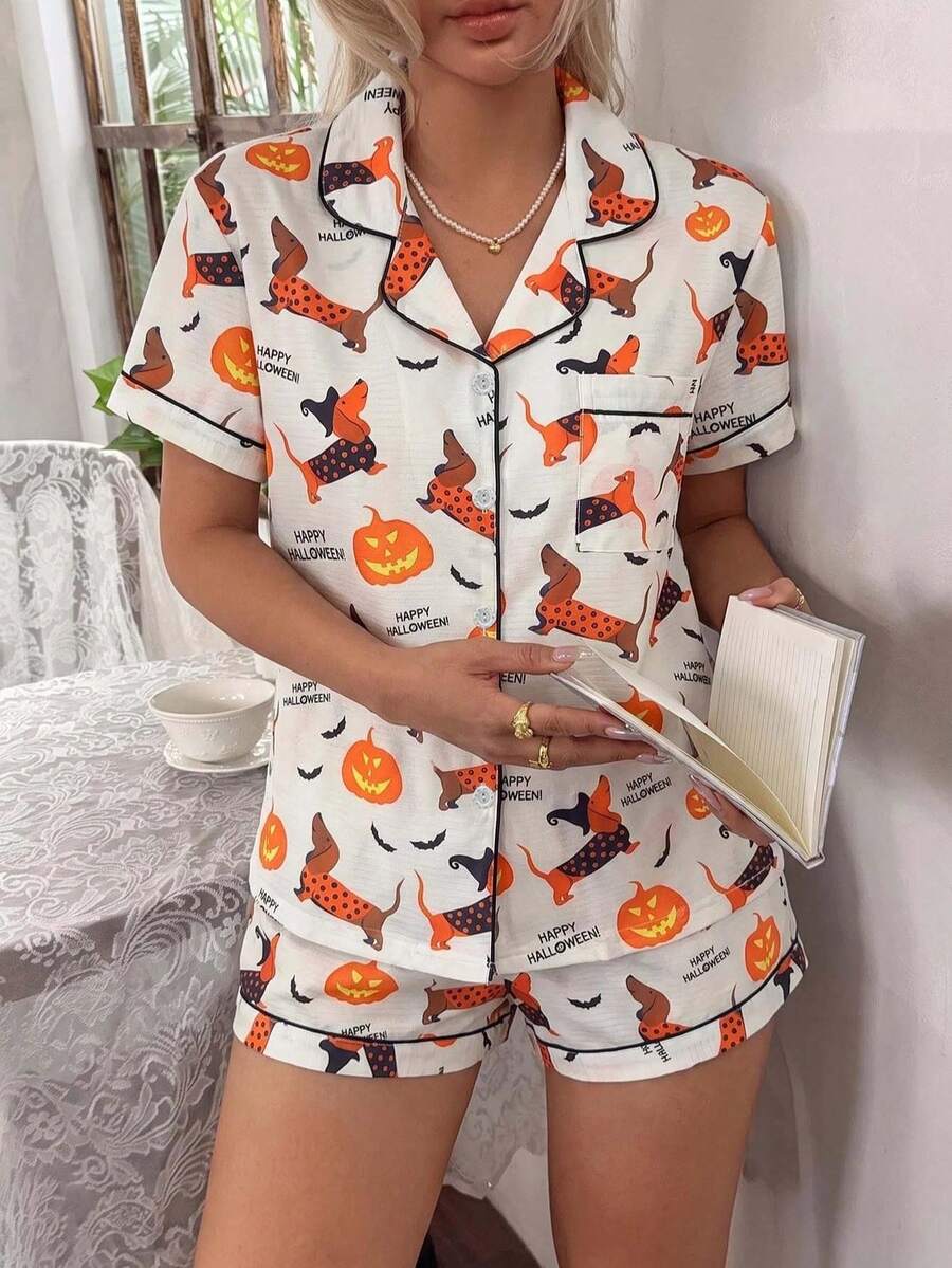 2pcs Set Piyama Wanita Motif dan Anjing Sosis Halloween, Atasan Lengan Pendek Berkerah dan Celana Pendek Berpita, Musim Semi/Panas - Aprikot - View 1