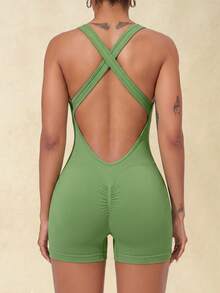 Vintage Seamless Ribbed One-Shoulder Cross Back Open Back Butt-Lifting Tight Fit Yoga Shorts Jumpsuit For Women - Green - View 6