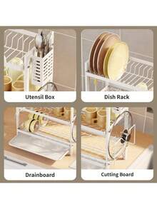 Double Layer Dish Drying Rack With Drip Tray, Kitchen Utensil Storage Rack, Dish And Cutting Board Holder, Suitable For Apartment Kitchen - White - View 6