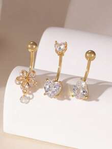 3pcs Fashionable Elegant 18K Gold Stainless Steel Flower Heart Water Drop Zirconia Women's Belly Button Piercing Set, Suitable For Daily Versatile Wear - Multicolor - View 4