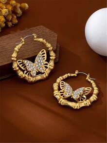 1 Pair European And American Fashion Elegant Versatile Bamboo Joint Earrings, Personalized Sweet Butterfly Bamboo Joint Hoop Earrings For Women - Yellow Gold - View 7