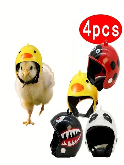 Four Rainproof Mini Chicken Helmets, Perfect Protective Gear For Pets, Featuring An Adjustable Chin Strap, Suitable For Small Feathered Friends Like Chicks, Ducklings, Parrots, And Rodents. A Fun And Cute Accessory For Photos Of Farm Pets