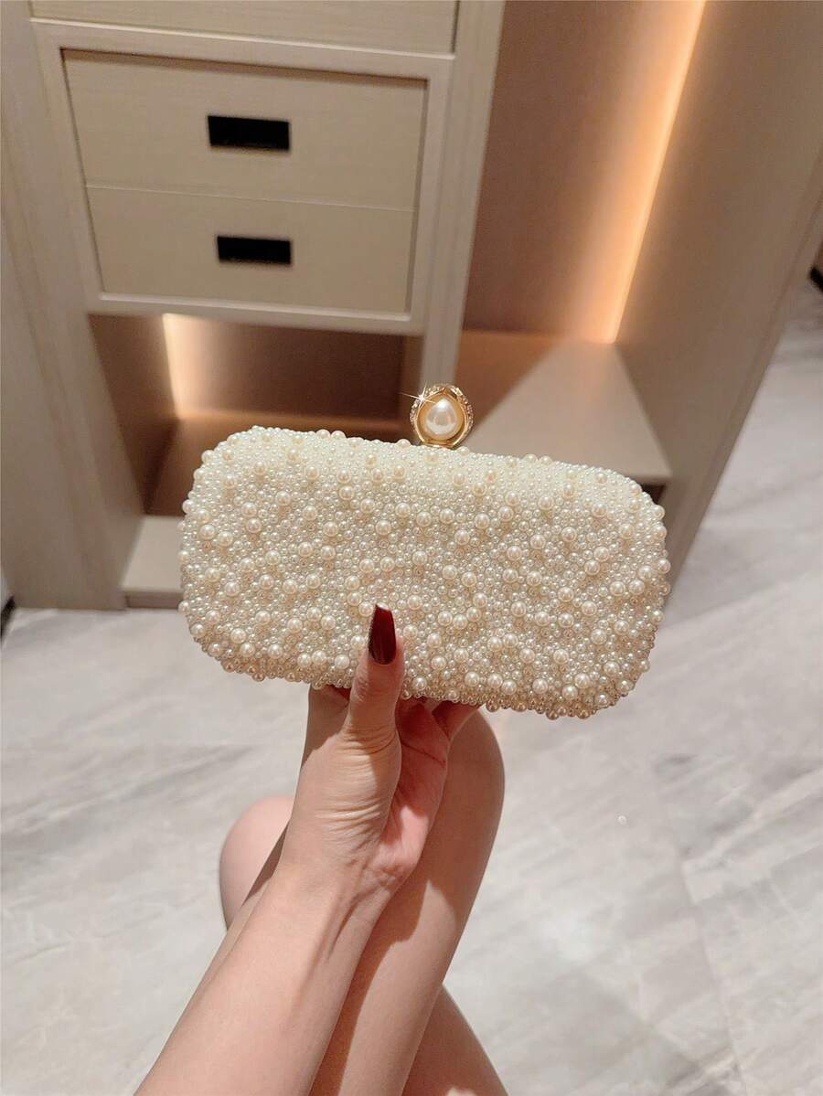 Bolso de caja decorado con perlas falsas y correa de cadena - Blanco - Ver 1