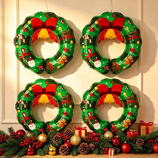 Christmas Wreath Aluminum Foil Balloon, Bow & Bell Decorative Balloon, Holiday Party Scene Atmosphere Decoration Supplies
