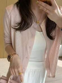 New Minimalist Loose Sun Protection Knit Cardigan, Elegant Versatile Casual Round Neck Long Sleeve Knit Sweater - Baby Pink - View 7