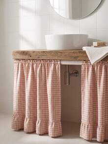 1pc Khaki White Plaid Table Skirt, Warm Natural Style, Rectangular With Ruffle Edge And Pleated Details, Concealing Storage And Decorative Function, Suitable For Home Storage And Indoor Decor Scenes - Khaki - View 4