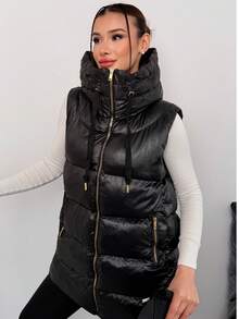 Women's Hooded High Neck Puffer Vest Zip Up Sleeveless Quilted Winter Warm Oversized Padded With Zipper Pockets - Black - View 2