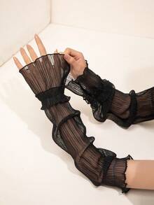 High-End Pleated Solid Color Long Gloves 1 Pair/2 Pairs/10 Pairs - Black - View 4