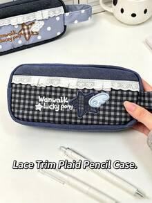 1pc Blue Plaid Lace Pencil Case, Star Embroidery Polka Dot Print Stationery Bag, Large Capacity Cute Pencil Pouch, Student Back T, First Day Of School - Multicolor - View 9