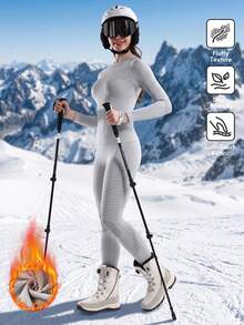 2pcs Seamless Women's Ski Quick-Dry Base Layer Set, Moisture-Wicking Soft Skin-Friendly Slimming Warm Ski Sports Compression Set, Suitable For Skiing And Other Sports - Light Grey - View 1