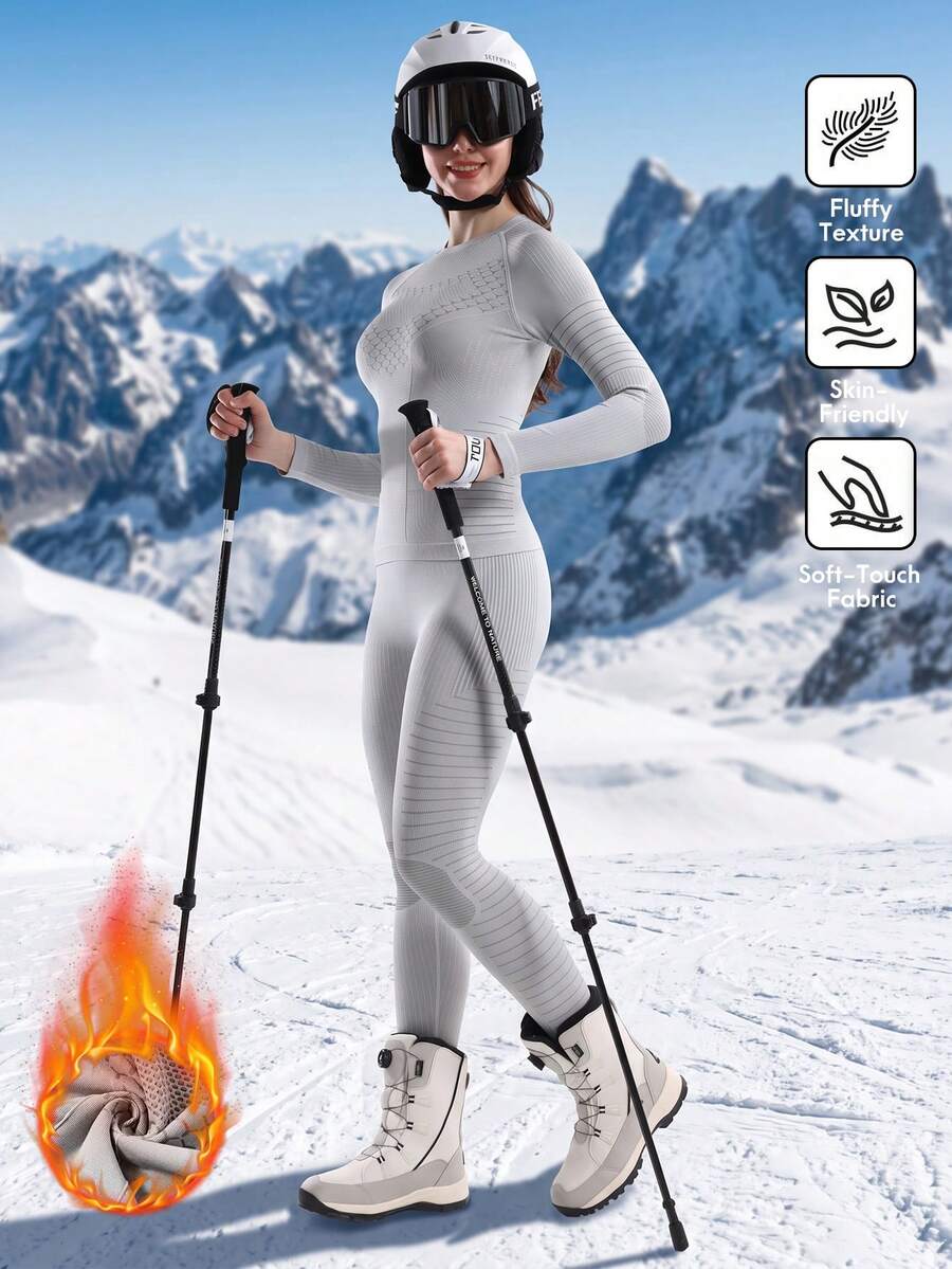 2pcs Seamless Women's Ski Quick-Dry Base Layer Set, Moisture-Wicking Soft Skin-Friendly Slimming Warm Ski Sports Compression Set, Suitable For Skiing And Other Sports - Light Grey - View 1