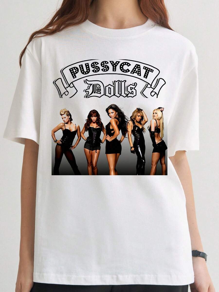 Vintage The Pussycat Dolls Classic Gothic Logo Group Portrait Graphic Tee Unisex All Audience Retro Y2K Dark Pop Girl Group Streetwear T Shirt - White - View 1