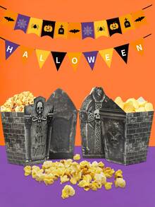 10/40/80Pcs Halloween Popcorn Boxes Set, Tombstone Castle Shape Snack Containers With Skull Graveyard Design, Disposable Treat Boxes For Halloween Party Decorations, Movie Night Candy Popcorn Packaging Supplies - View 1
