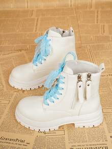 1 Pair New Autumn/Winter Fashion Ankle Boots, Round Toe Colorful Lace-Up Women's Motorcycle Boots For Outdoor Activities, Street Style Versatile Boots, White Women's Ankle Boots That Can Be Paired With Various Outfits - White - View 6