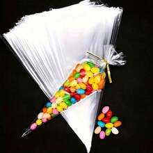 30/50/100/200pcs Transparent Plastic Cone-Shaped Candy Popcorn Bags With Gold Twist Tie, Triangle Candy Bags, Ice Cream Bags, Popcorn Bags, Various Small Snack Bags (With Twist Tie), Reusable Transparent Triangle Candy Bags Suitable For Party, Wedding, Birthday, Holiday Gift Packaging - View 1