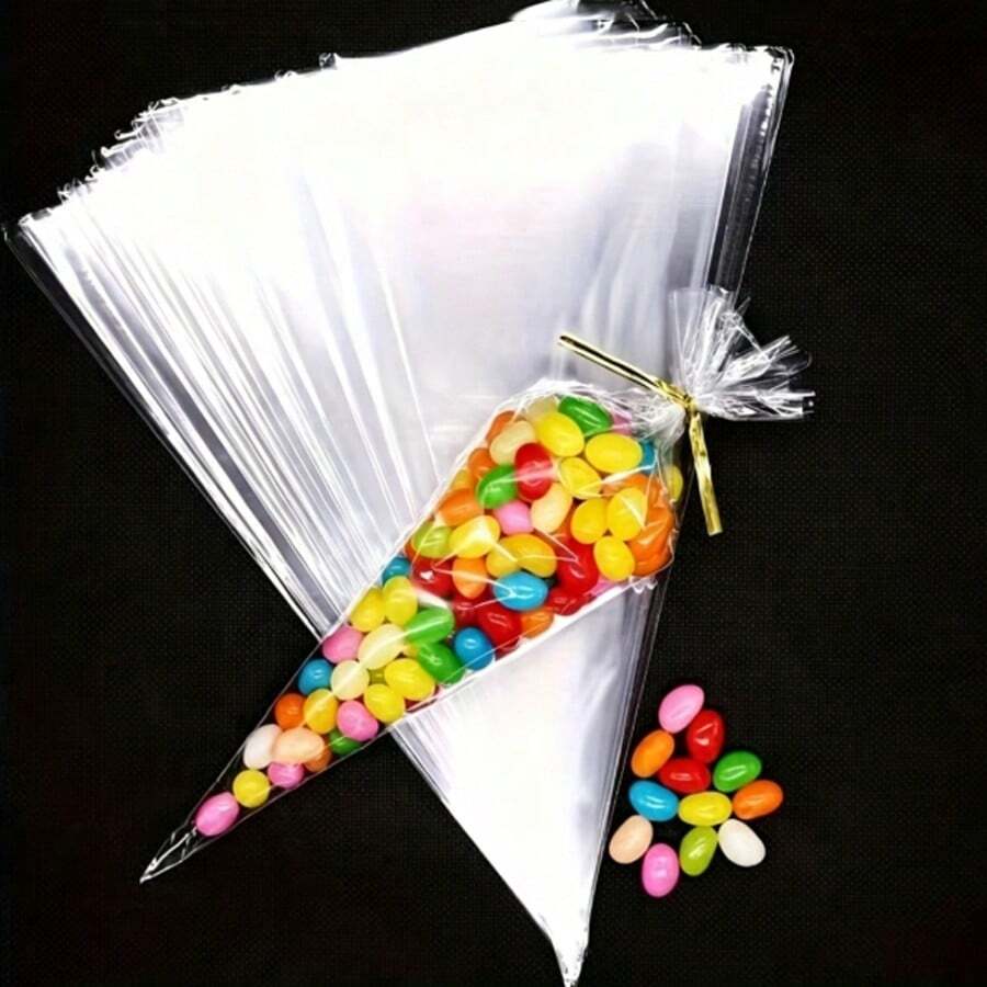 30/50/100/200pcs Transparent Plastic Cone-Shaped Candy Popcorn Bags With Gold Twist Tie, Triangle Candy Bags, Ice Cream Bags, Popcorn Bags, Various Small Snack Bags (With Twist Tie), Reusable Transparent Triangle Candy Bags Suitable For Party, Wedding, Birthday, Holiday Gift Packaging - View 1