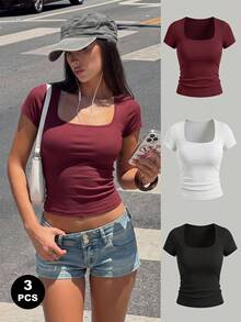Paquete de 3 camisetas básicas de manga corta ajustadas con cuello cuadrado y textura acanalada para mujer - Burdeos - Ver 1