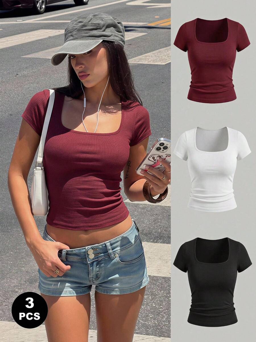 Paquete de 3 camisetas básicas de manga corta ajustadas con cuello cuadrado y textura acanalada para mujer - Burdeos - Ver 1