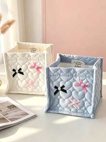 Heart Quilted Fabric Storage Basket With Pearl Bow, Desktop Cosmetic Organizer, Cute Bow Storage Box, Makeup Brush Holder, Stationery Organizer, Sweet Room Decor Box, Suitable For Dormitory Bedroom Cosmetic And Miscellaneous Storage, Back To School Dorm Essentials, Birthday Gift - Multicolor - View 8