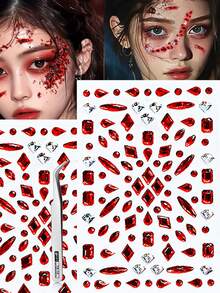 2/4pcs Red Face Gem Stickers, Star, Heart, Teardrop, Square, Diamond Shapes, Self-Adhesive, With Tweezers, Suitable For 2K Style Carnival Party, Halloween, Cosplay - Red - View 6