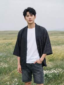 Men's Solid Color Casual Daily Kimono Shirt - Black - View 7