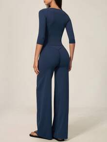 TimeOff Women's One Set Solid Color Oversized Scoop Neck Mid-Sleeve T-Shirt Wide Leg Pants Sports Set - Blue - View 3