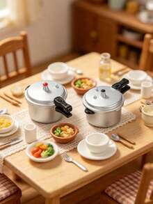 1pc/2pcs/5pcs Silver With Black Handles, Iron Alloy Mini Pressure Cooker Model, Realistic Metal Textured Double-Handle Kitchen Decor, Miniature Dollhouse Scene Prop, Tabletop DIY Display Decoration, Photography Accessory - Black - View 10
