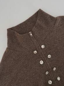 Maillard Brown Stand Collar Knitted Cardigan, Double-Breasted Metal Button Zipper Loose Short Wool Jacket - Brown - View 8