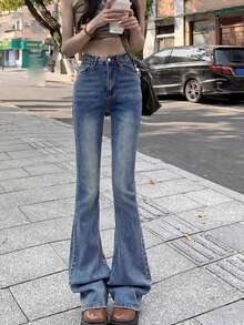 女款休閒日常水洗斜口袋喇叭牛仔褲 春秋款 - 藍色 - 查看 5