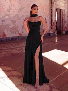 ADYCE Elegant Halter Neck Sweetheart Neckline High Waist Pleated High Slit Backless Floor Length Evening Gown, Suitable For Prom, Birthday Party And Dinner - Black - View 3