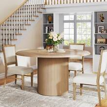 LITTLE TREE 119cm Round Farmhouse Dining Table For 4 Metal Base Modern Kitchen Dinner Table For Dining Room - Oak - View 8