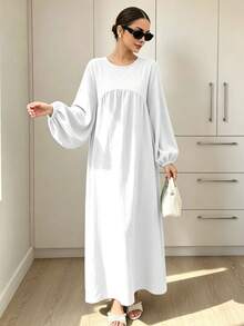 1pc New Plus Size Dress With Ruched Chest, Lantern Sleeve Design, Classic Versatile Abaya For Women's Daily Wear - Multicolor - View 19