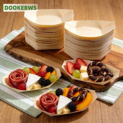 100/200pcs Disposable Wooden Boat-Shaped Appetizer Plates, Lightweight And Practical Wooden (17cm/6.69inch) Disposable Food Containers, Appetizer Plates, Dessert Plates, Platters, Perfect For Party, Wedding, Outdoor Banquet, Family Gathering, Picnic And Other Occasions
