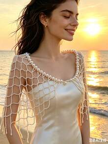Elegant Beaded Mesh Shawl Cover-Up, Faux Pearl Shoulder Wrap Body Accessory, Suitable For Beach Vacation, Nightclub - White - View 5