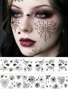 6 Sheets Spider Face Tattoos Spider Web Face Stickers Scary Vampire Temporary Tattoos Goth Makeup Waterproof Witch Tattoo For Festival Prank Party Cosplay Halloween Decorations - Multicolor - View 9