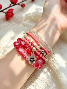 7pcs/Set Bohemian Style Layered Color Block Beaded Jewelry With Flower Pendant, Versatile Multi-Layer Bracelet For Women - Green - View 11
