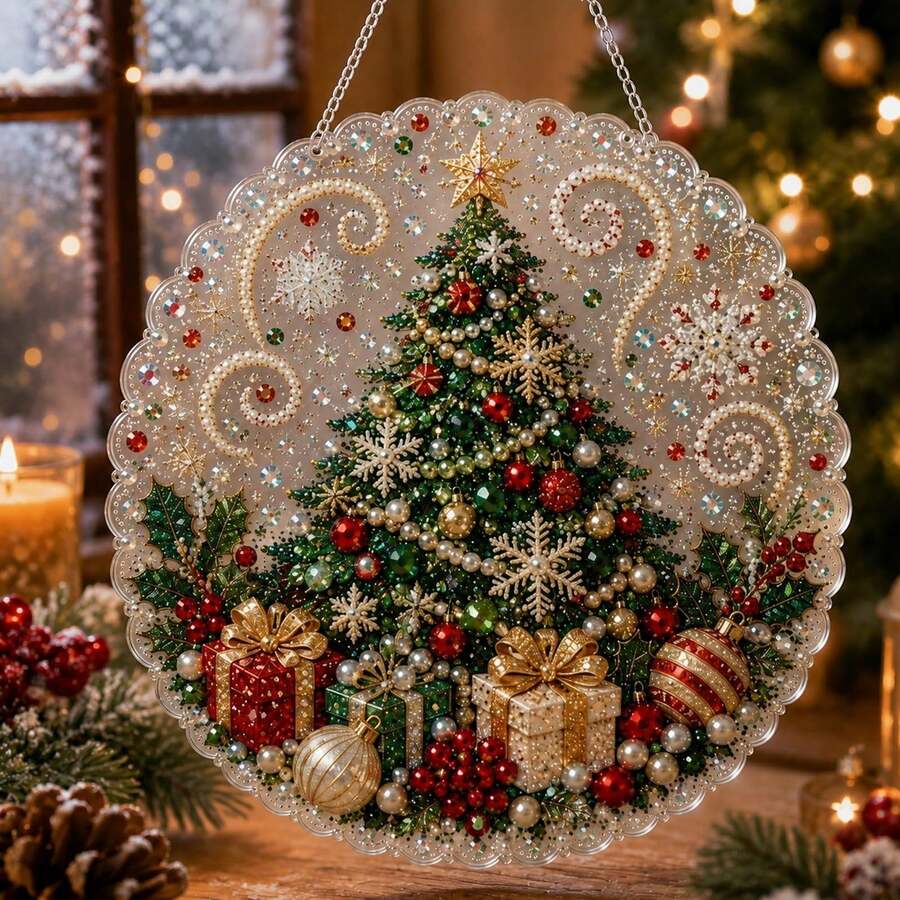 Christmas Pearl Diamond Painting Suncatcher Set 8 Inch, Pre-Assembled Metal Chain, Acrylic Round Plate With Lace Edge, 3D Mixed Size Pearl Beads, Holiday Window Wall Decor