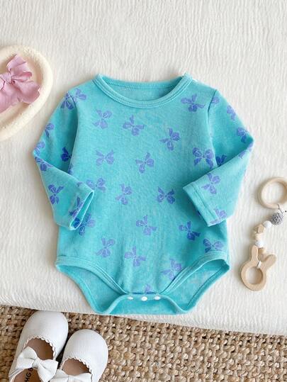 Fresh Lake Blue & Purple Bowknot Newborn Long Sleeve Bodysuit, Skin-Friendly Breathable Infant Romper