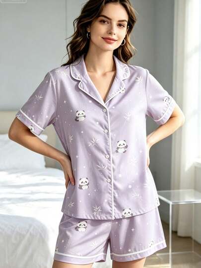 Women's Shirt Pajama Shorts Set Cute Panda Bamboo Leaf Star Print Suitable For Home Daily Casual Versatile Women's Clothing Simple And Fashionable