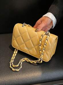 Mini bolso de mano con cadena acolchada de diamantes nuevo, bolso bandolera de diseño simple, bolso de hombro para ir al trabajo - Mostaza Amarilla - Ver 3