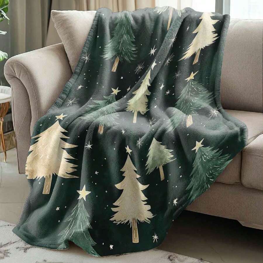 1件北歐水彩風聖誕松樹毯,綠色松樹星星雪花裝飾圖案,法蘭絨單面印花毯,適合節日、生日、沙發與居家裝飾 - 彩色 - 查看 1