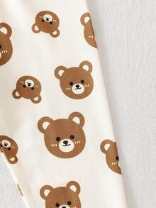 Korean Style Baby Vintage Bear Casual Set, Flocked 3D Bear Crew Neck Top, White Base All-Over Print Bear Elastic Leggings, Infant Toddler Spring Autumn 2-Piece Set - Khaki - View 10