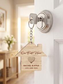 1pc Personalized House Shape Wooden Keychain, Custom Text Hollow Heart Home Wood Keychain, Our First Home Keepsake, New Home Gift For Couple - Multicolor - View 3