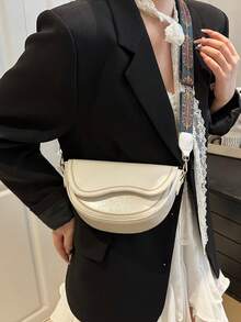 純色 2026 小眾時尚簡約質感寬肩帶斜跨單肩女款馬鞍包 - 白色 - 查看 4