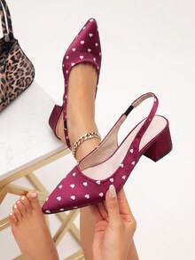Heart Print Satin Pointed Toe Elastic Strap Back Heel Chunky Heel Pumps - Burgundy - View 5